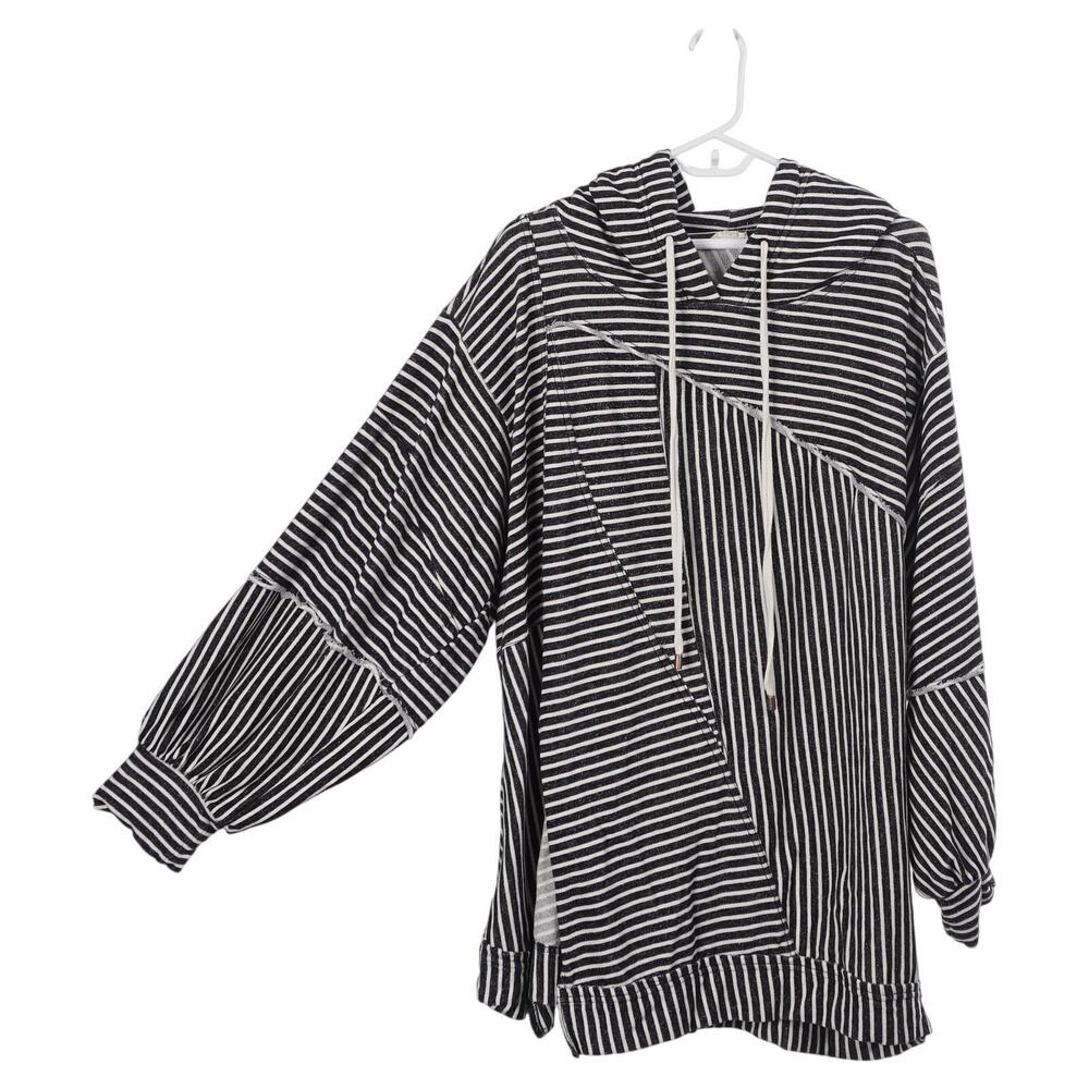 Pilcro Patchwork Sweatshirt 1X Black Cotton Stripe Hooded Pullover Anthropologie - Picture 3 of 8